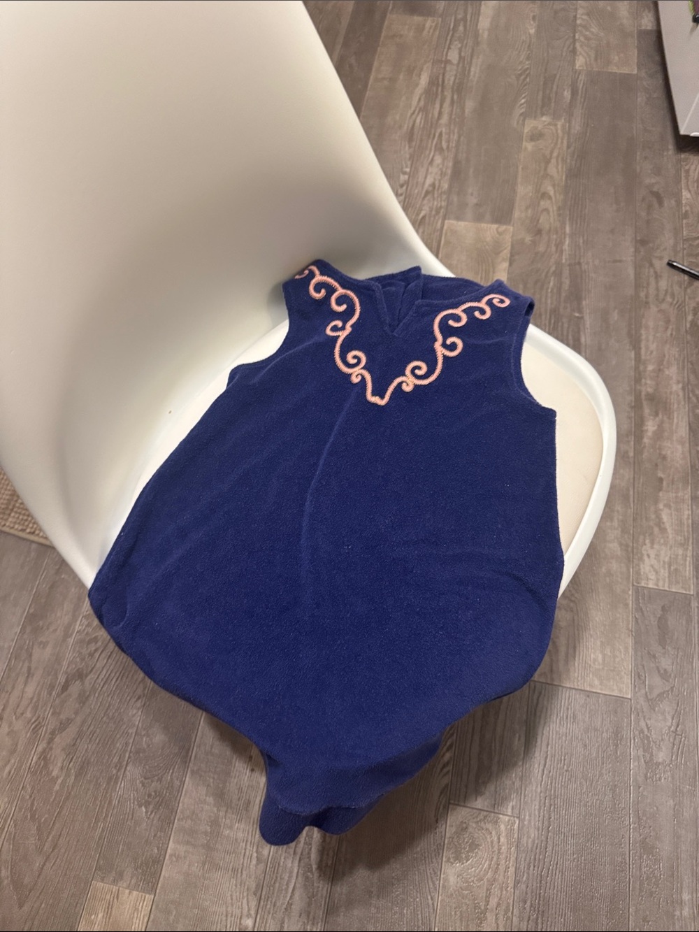 Navy Blue Kids Sleeveless Terry cloth swim coverup with Pink Trim